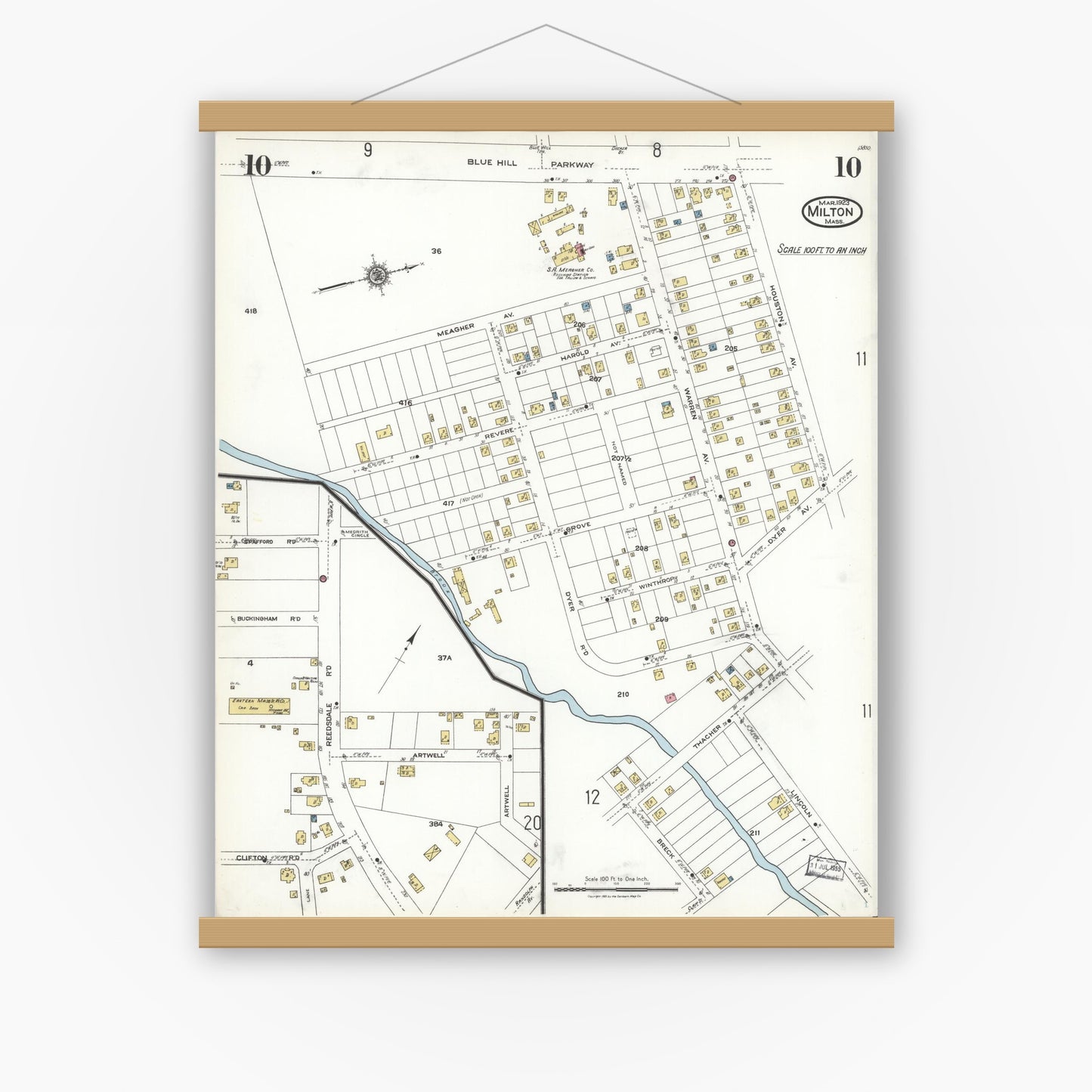 Old map wall art mockup — magnetic wood frame on white wall — Sanborn Fire Insurance Map from Milton, Norfolk County, Massachusetts (1923), Sheet #0010