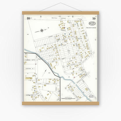 Old map wall art mockup — magnetic wood frame on white wall — Sanborn Fire Insurance Map from Milton, Norfolk County, Massachusetts (1923), Sheet #0010
