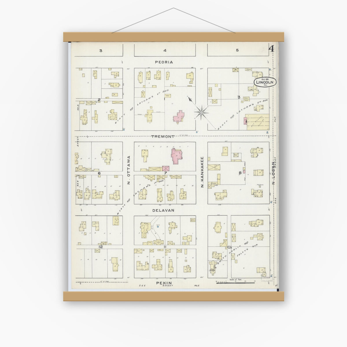 Old map wall art mockup — magnetic wood frame on white wall — Sanborn Fire Insurance Map from Lincoln, Logan County, Illinois (1891), Sheet #0004