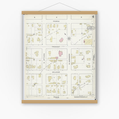 Old map wall art mockup — magnetic wood frame on white wall — Sanborn Fire Insurance Map from Lincoln, Logan County, Illinois (1891), Sheet #0004