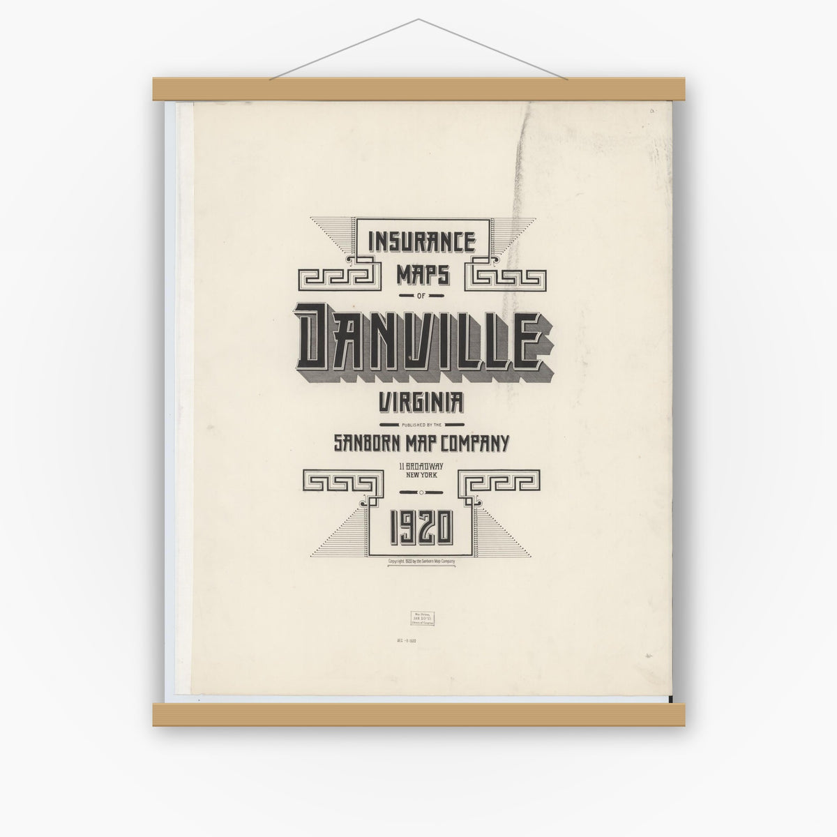 Old map wall art mockup — magnetic wood frame on white wall — Sanborn Fire Insurance Map from Danville, Independent Cities, Virginia (1920), Sheet #0001