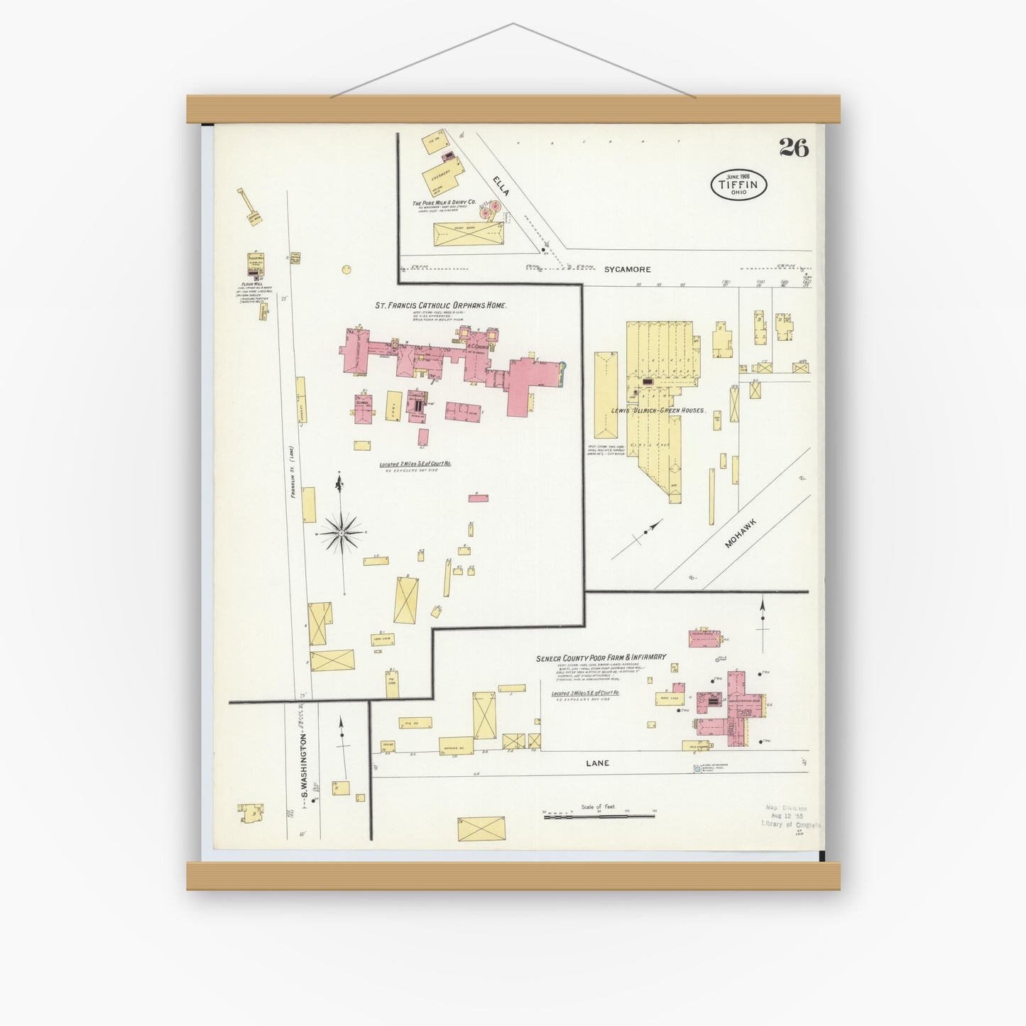 Old map wall art mockup — magnetic wood frame on white wall — Sanborn Fire Insurance Map from Tiffin, Seneca County, Ohio (1908), Sheet #0026