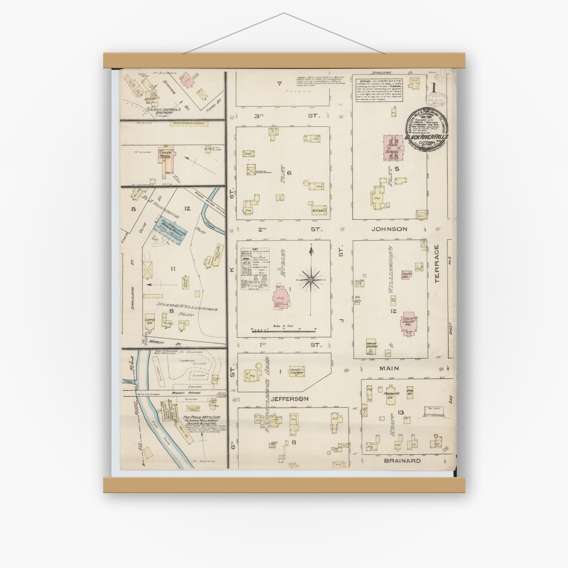 Old map wall art mockup — magnetic wood frame on white wall — Sanborn Fire Insurance Map from Black River Falls, Jackson County, Wisconsin (1884), Sheet #0001