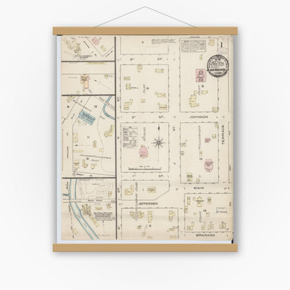 Old map wall art mockup — magnetic wood frame on white wall — Sanborn Fire Insurance Map from Black River Falls, Jackson County, Wisconsin (1884), Sheet #0001