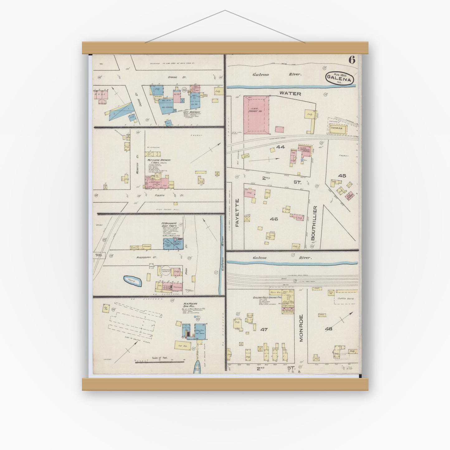 Old map wall art mockup — magnetic wood frame on white wall — Sanborn Fire Insurance Map from Galena, Jo Daviess County, Illinois (1885), Sheet #0006