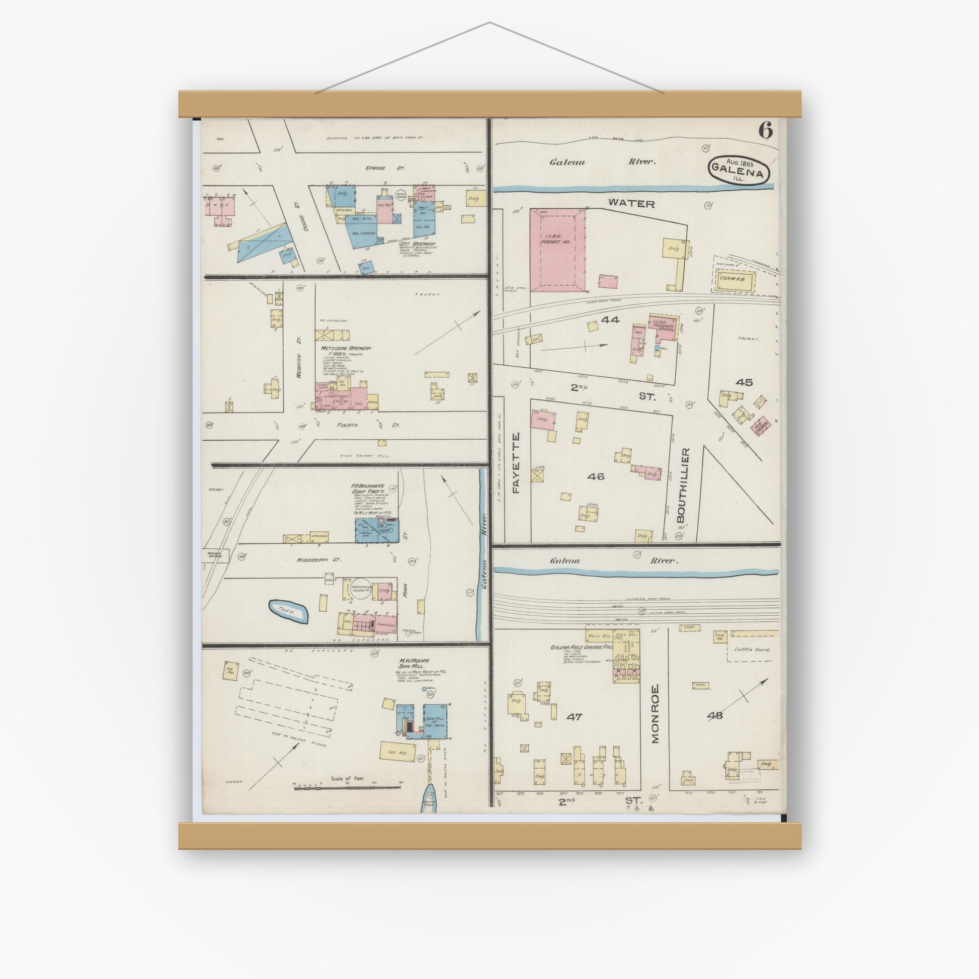 Old map wall art mockup — magnetic wood frame on white wall — Sanborn Fire Insurance Map from Galena, Jo Daviess County, Illinois (1885), Sheet #0006