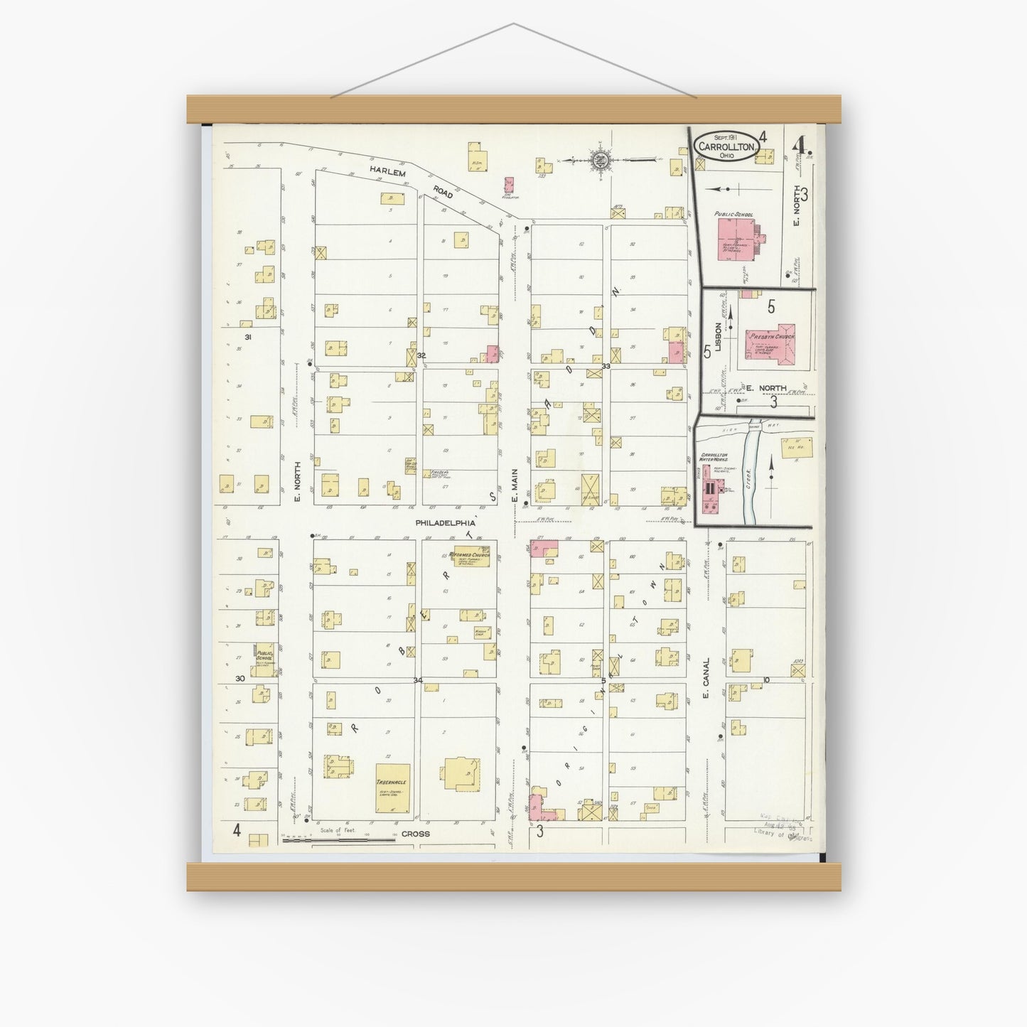Old map wall art mockup — magnetic wood frame on white wall — Sanborn Fire Insurance Map from Carrollton, Carroll County, Ohio (1911), Sheet #0004