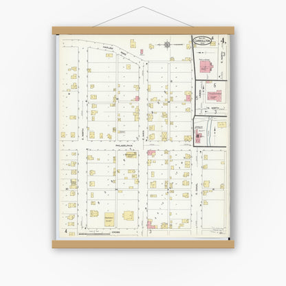 Old map wall art mockup — magnetic wood frame on white wall — Sanborn Fire Insurance Map from Carrollton, Carroll County, Ohio (1911), Sheet #0004