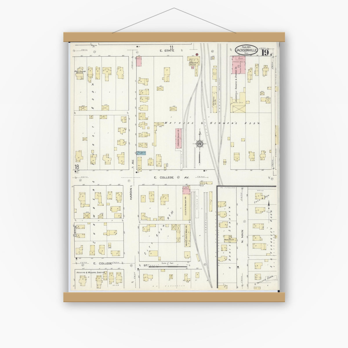 Old map wall art mockup — magnetic wood frame on white wall — Sanborn Fire Insurance Map from Jacksonville, Morgan County, Illinois (1914), Sheet #0019