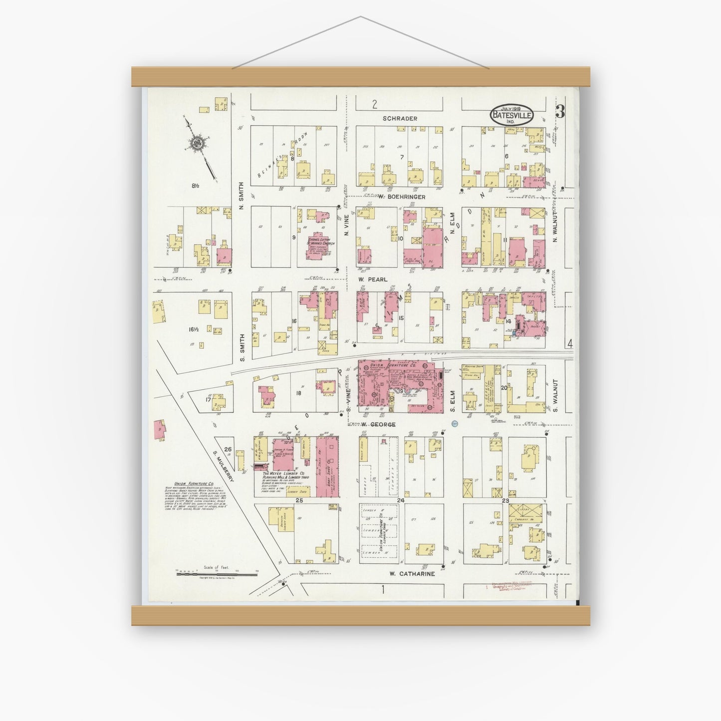 Old map wall art mockup — magnetic wood frame on white wall — Sanborn Fire Insurance Map from Batesville, Ripley County, Indiana (1919), Sheet #0003