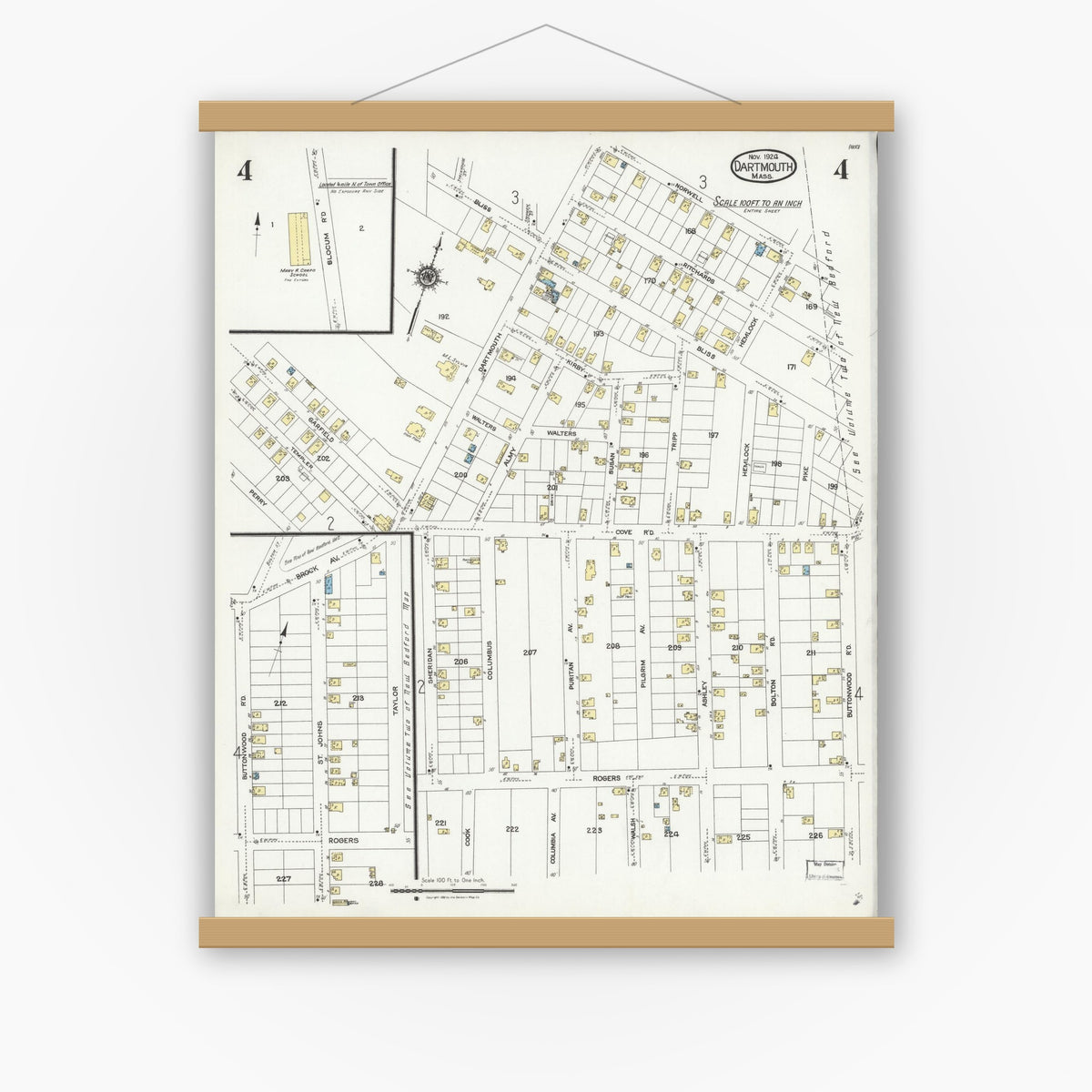Old map wall art mockup — magnetic wood frame on white wall — Sanborn Fire Insurance Map from Dartmouth, Bristol County, Massachusetts (1924), Sheet #0004