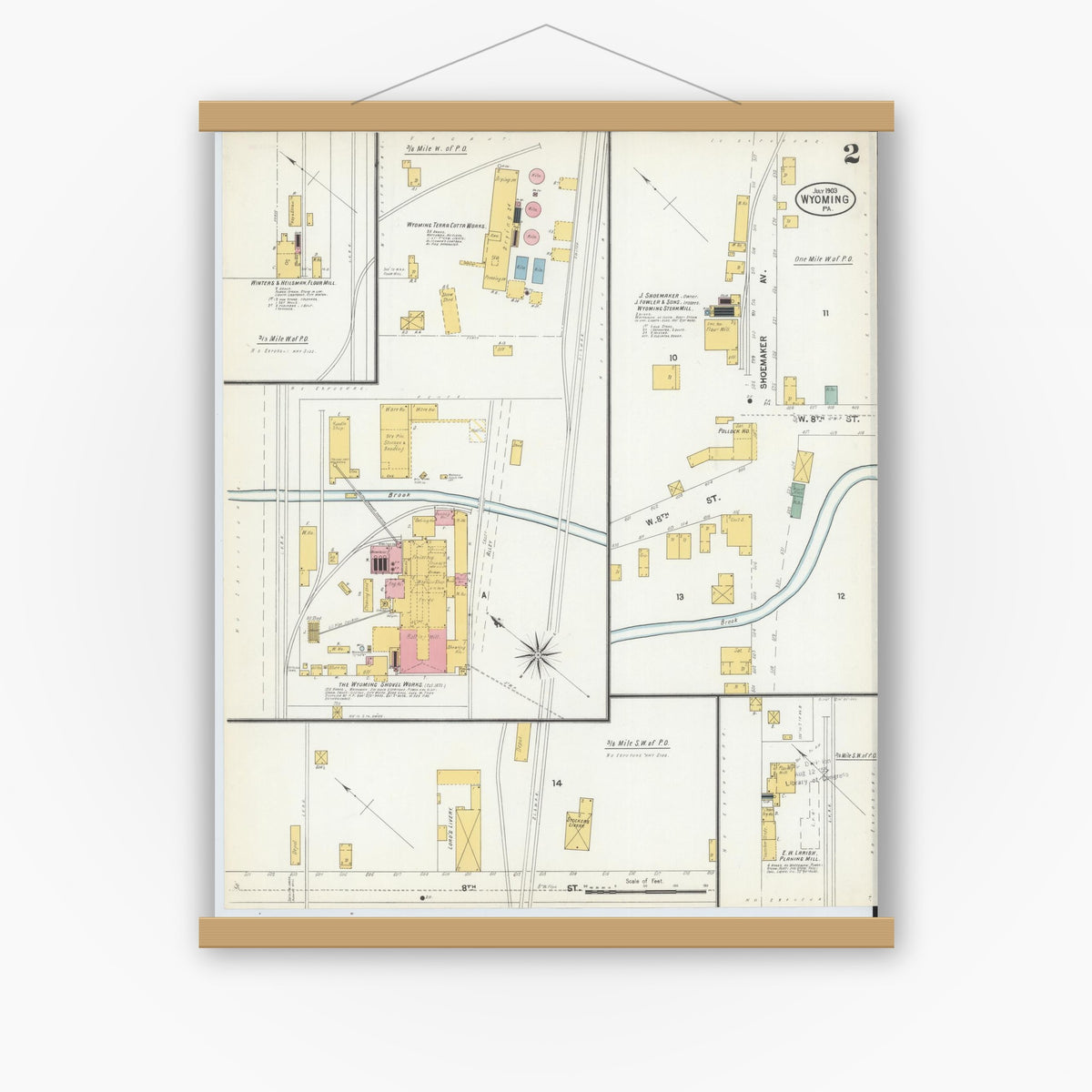 Old map wall art mockup — magnetic wood frame on white wall — Sanborn Fire Insurance Map from Wyoming, Luzerne County, Pennsylvania (1903), Sheet #0002