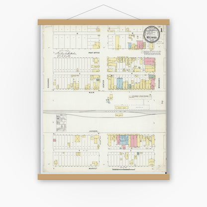 Old map wall art mockup — magnetic wood frame on white wall — Sanborn Fire Insurance Map from Weimar, Colorado County, Texas (1896) - Complete Map Set