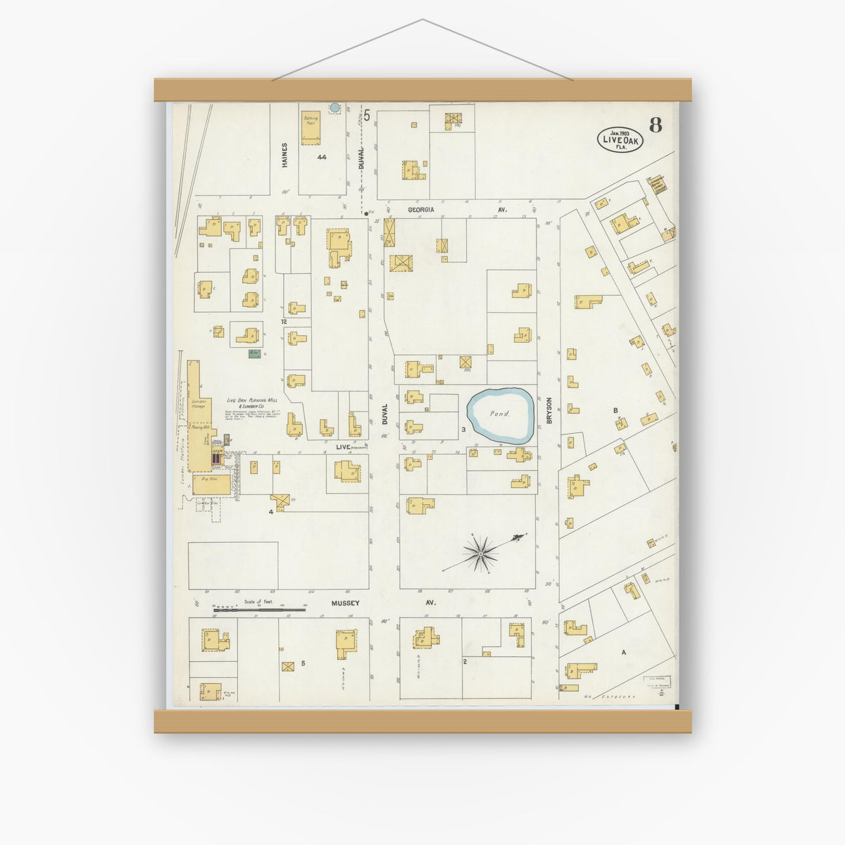 Old map wall art mockup — magnetic wood frame on white wall — Sanborn Fire Insurance Map from Live Oak, Suwanee County, Florida (1903), Sheet #0008