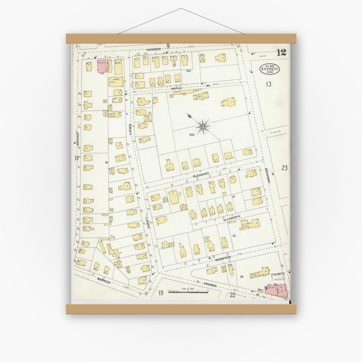 Old map wall art mockup — magnetic wood frame on white wall — Sanborn Fire Insurance Map from Everett, Middlesex County, Massachusetts (1903), Sheet #0012