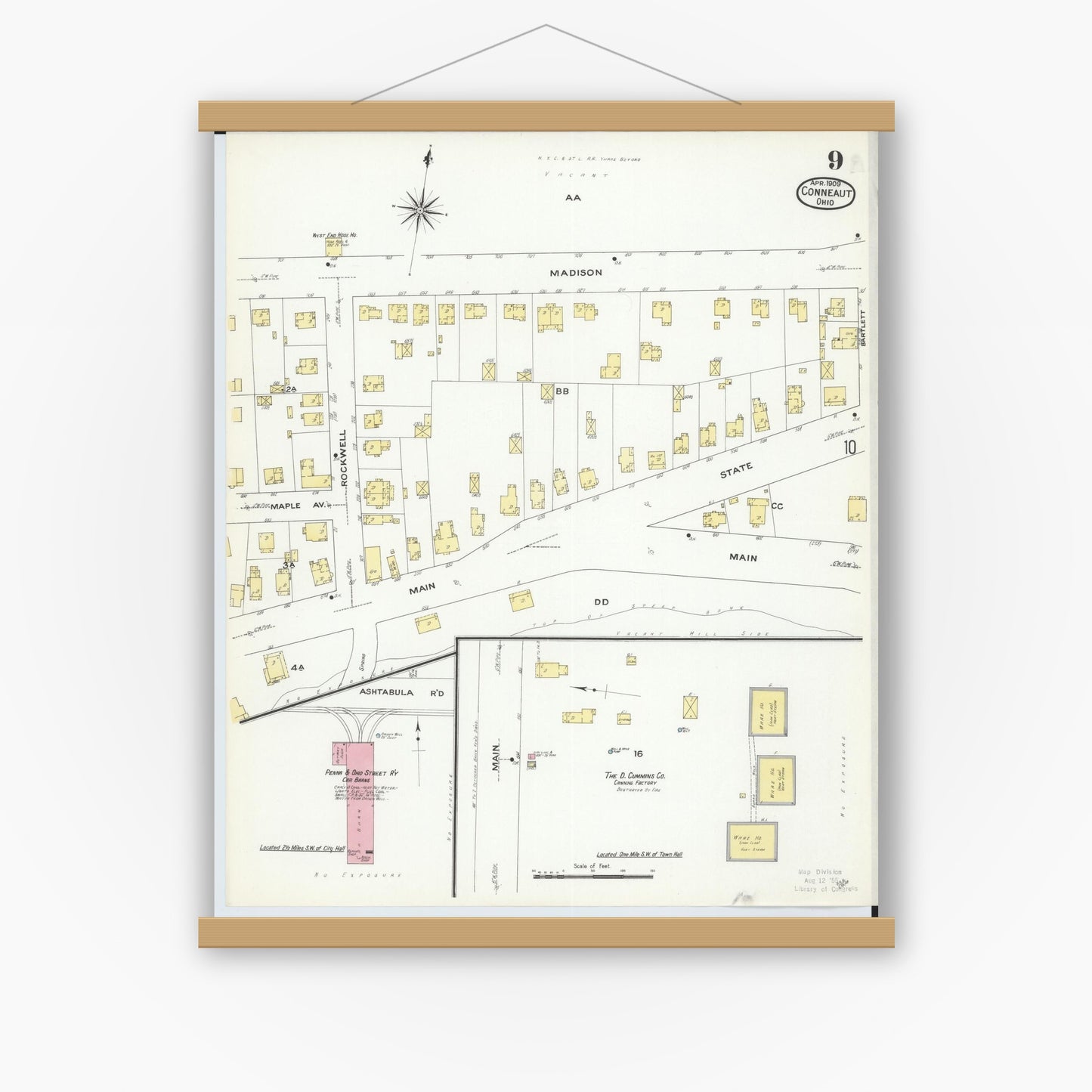 Old map wall art mockup — magnetic wood frame on white wall — Sanborn Fire Insurance Map from Conneaut, Ashtabula County, Ohio (1909), Sheet #0009