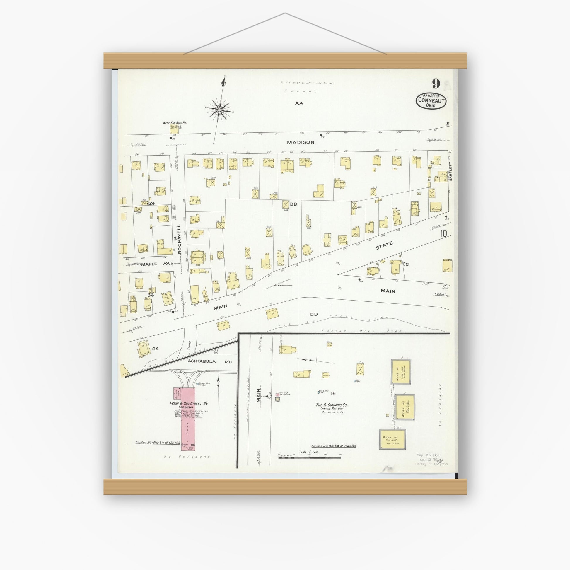 Old map wall art mockup — magnetic wood frame on white wall — Sanborn Fire Insurance Map from Conneaut, Ashtabula County, Ohio (1909), Sheet #0009