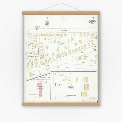 Old map wall art mockup — magnetic wood frame on white wall — Sanborn Fire Insurance Map from Conneaut, Ashtabula County, Ohio (1909), Sheet #0009