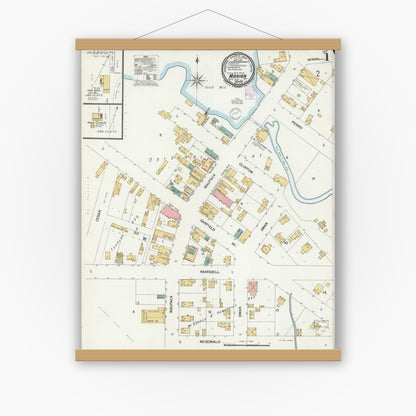 Old map wall art mockup — magnetic wood frame on white wall — Sanborn Fire Insurance Map from Marion, Waupaca County, Wisconsin (1901) - Complete Map Set
