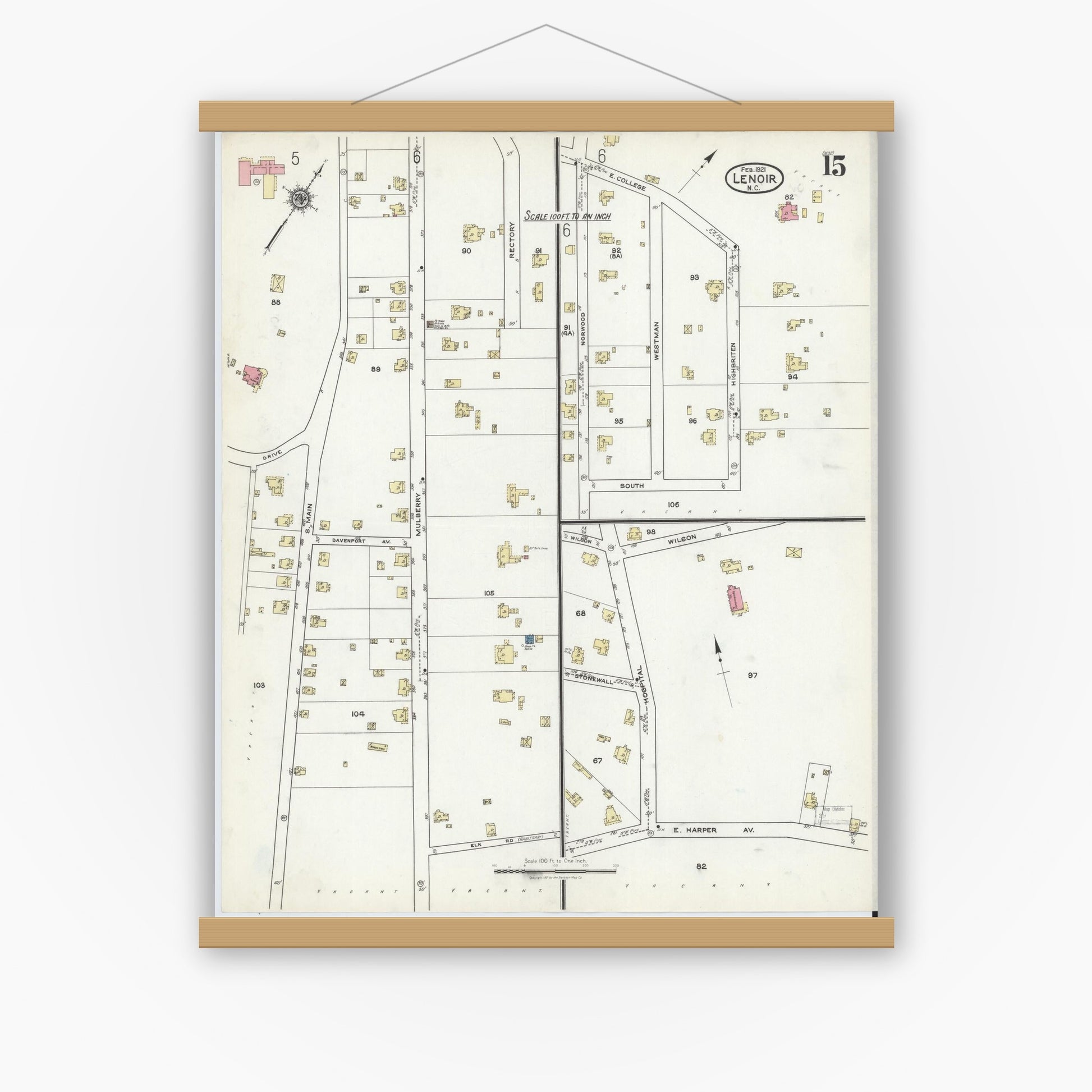 Old map wall art mockup — magnetic wood frame on white wall — Sanborn Fire Insurance Map from Lenoir, Caldwell County, North Carolina (1921), Sheet #0015