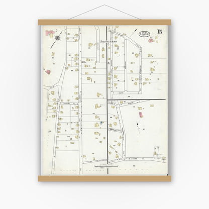 Old map wall art mockup — magnetic wood frame on white wall — Sanborn Fire Insurance Map from Lenoir, Caldwell County, North Carolina (1921), Sheet #0015