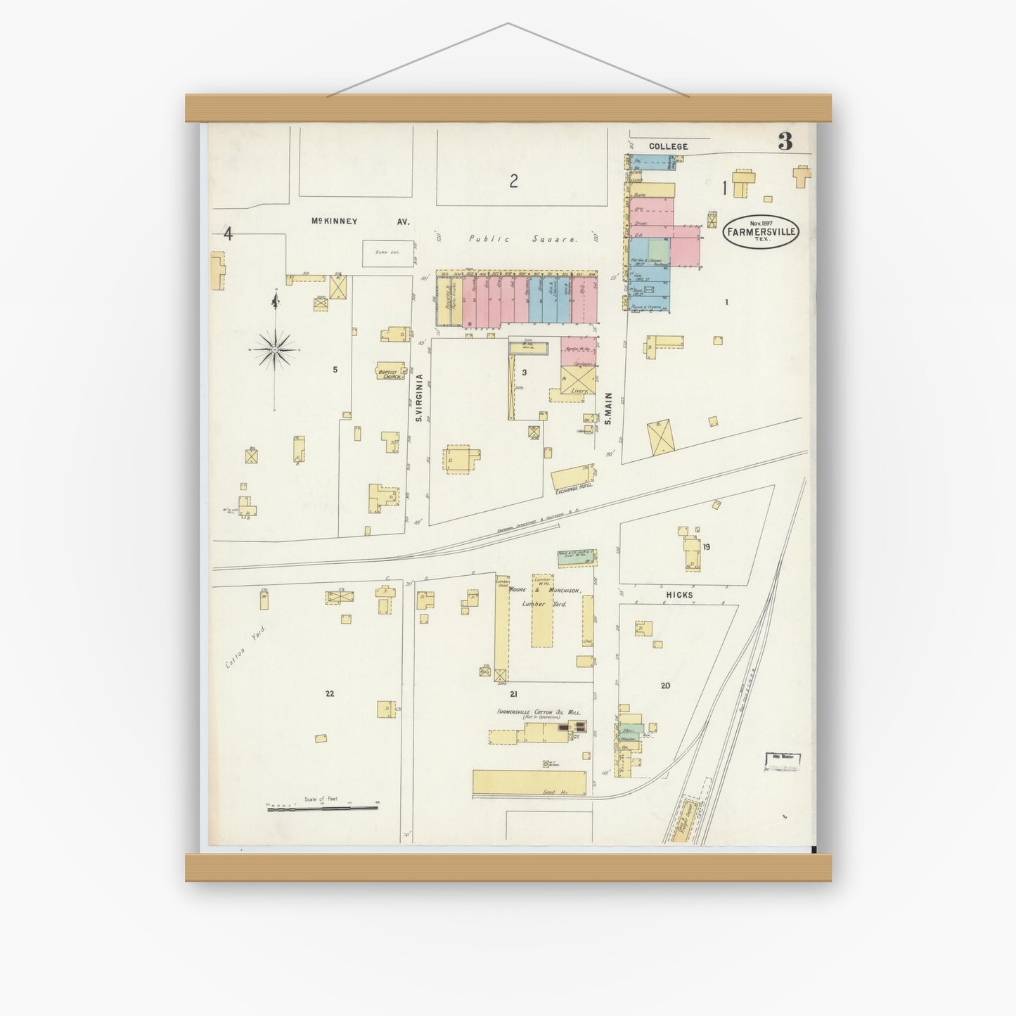 Old map wall art mockup — magnetic wood frame on white wall — Sanborn Fire Insurance Map from Farmersville, Collin County, Texas (1897), Sheet #0003