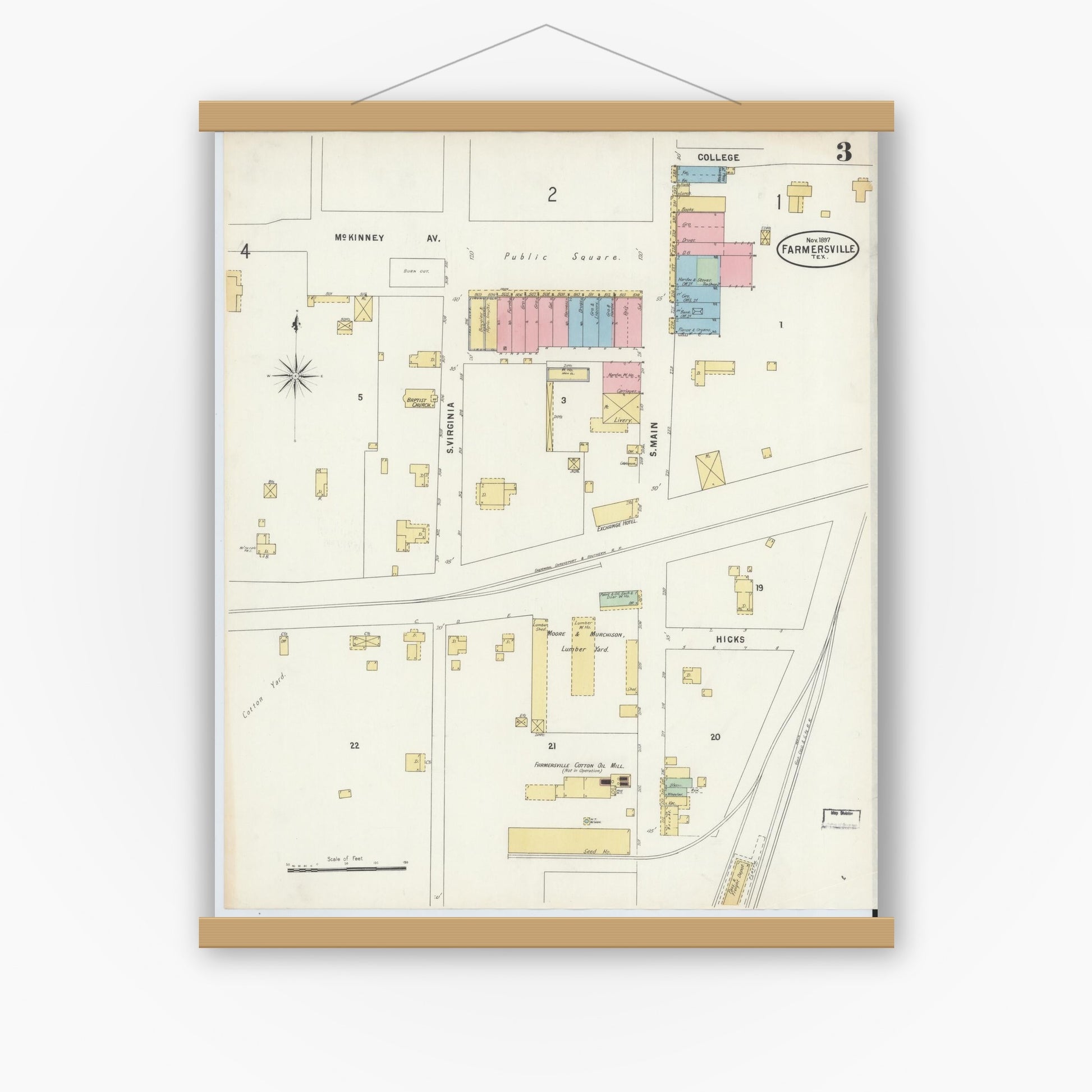 Old map wall art mockup — magnetic wood frame on white wall — Sanborn Fire Insurance Map from Farmersville, Collin County, Texas (1897), Sheet #0003