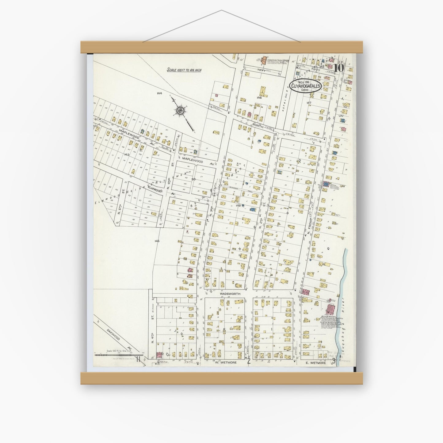 Old map wall art mockup — magnetic wood frame on white wall — Sanborn Fire Insurance Map from Cuyahoga Falls, Summit County, Ohio (1916), Sheet #0010