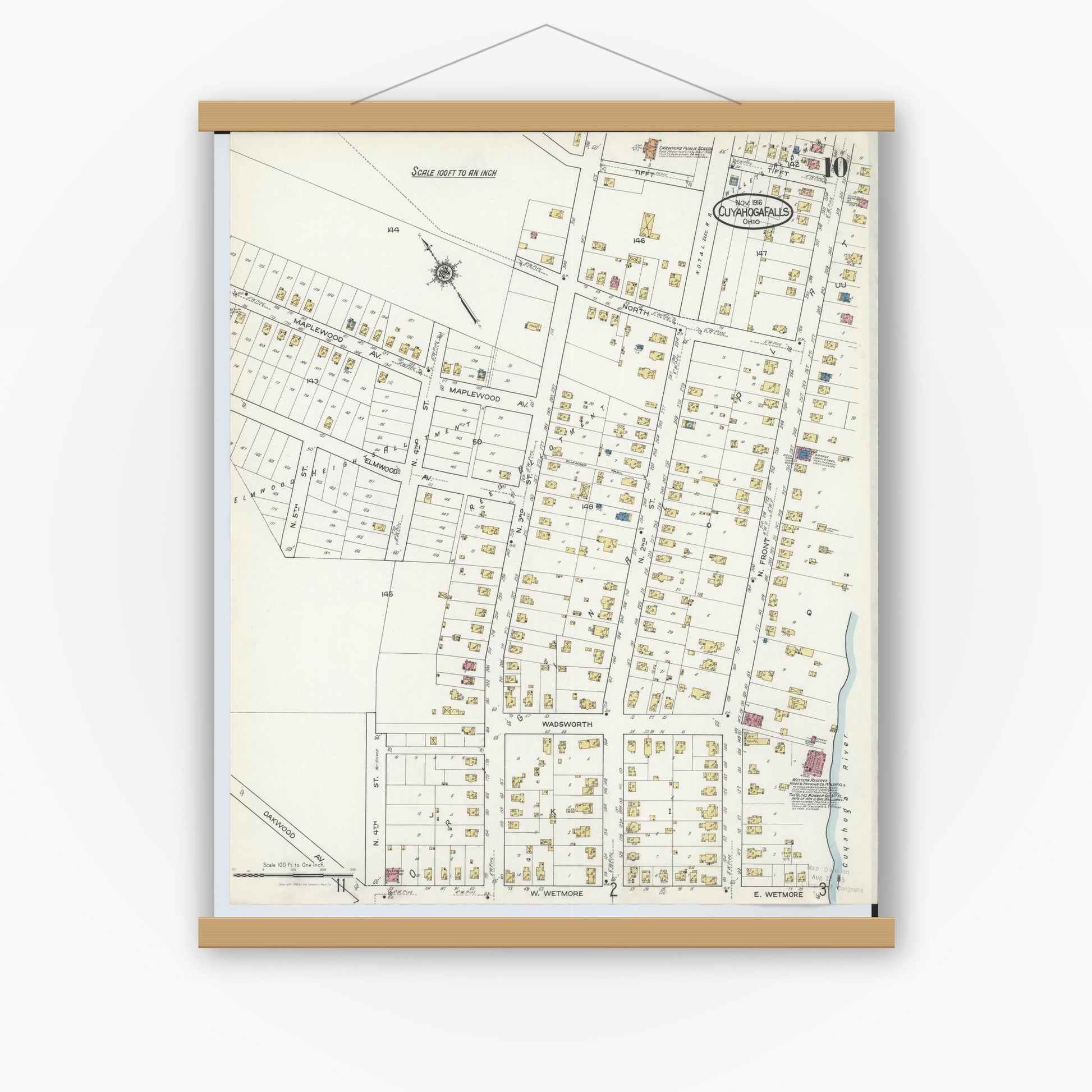 Old map wall art mockup — magnetic wood frame on white wall — Sanborn Fire Insurance Map from Cuyahoga Falls, Summit County, Ohio (1916), Sheet #0010