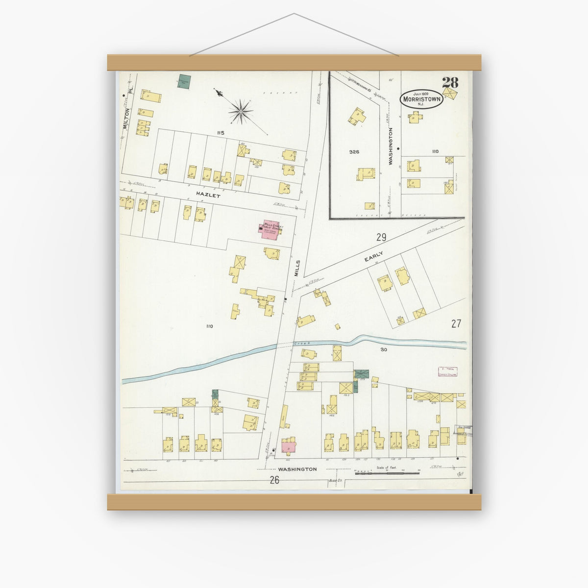 Old map wall art mockup — magnetic wood frame on white wall — Sanborn Fire Insurance Map from Morristown, Morris County, New Jersey (1909), Sheet #0028