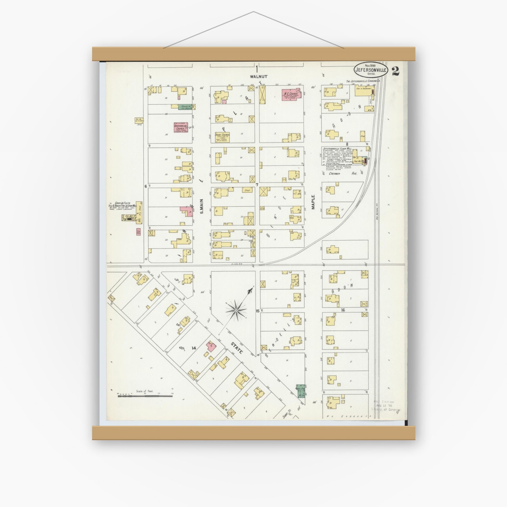 Old map wall art mockup — magnetic wood frame on white wall — Sanborn Fire Insurance Map from Jeffersonville, Fayette County, Ohio (1899), Sheet #0002
