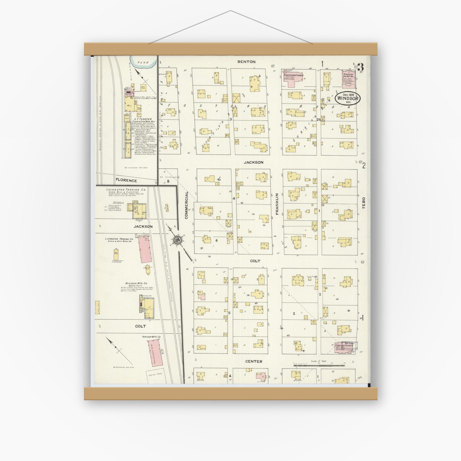 Old map wall art mockup — magnetic wood frame on white wall — Sanborn Fire Insurance Map from Windsor, Henry County, Missouri (1909), Sheet #0003