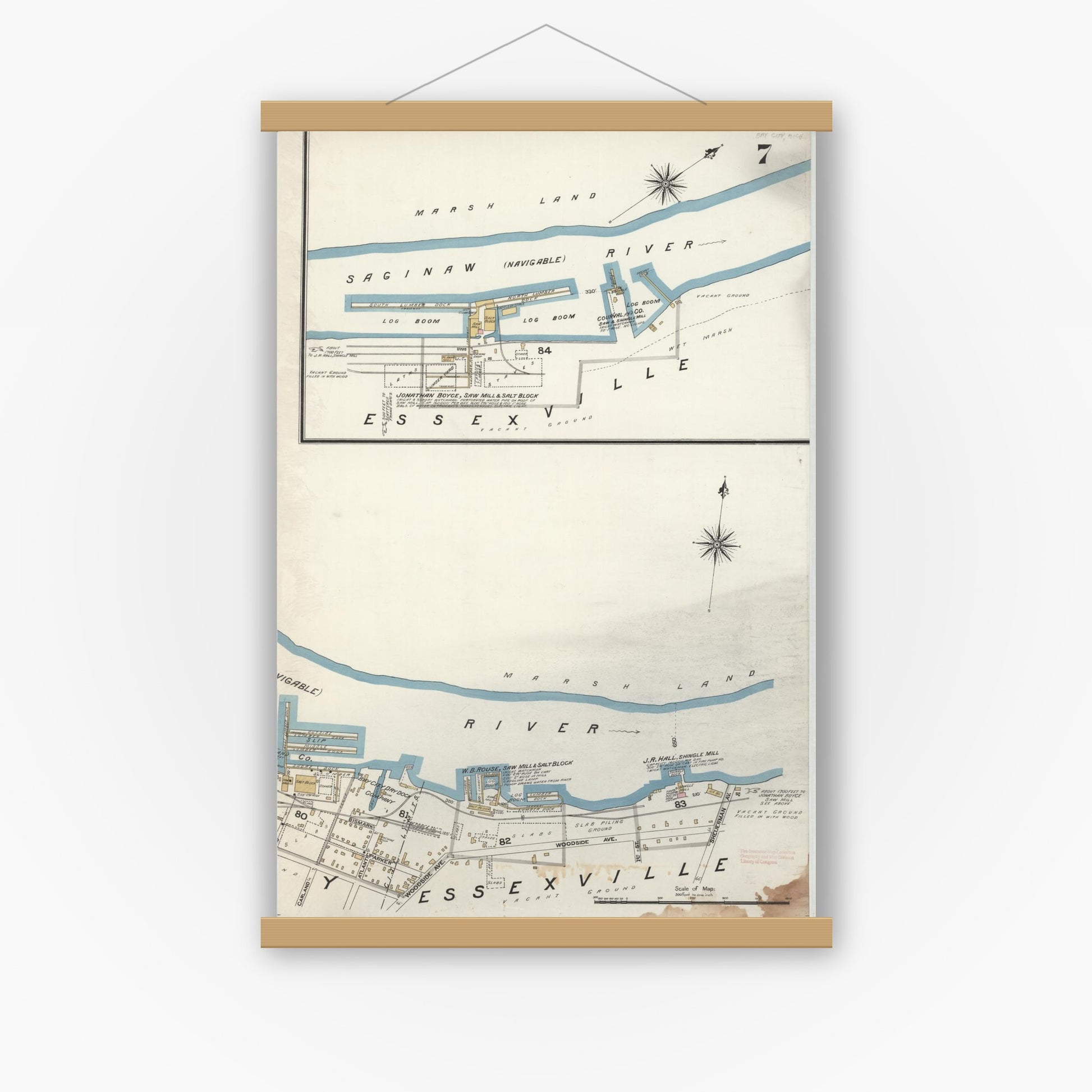 Old map wall art mockup — magnetic wood frame on white wall — Sanborn Fire Insurance Map from Bay City, Bay County, Michigan (1895), Sheet #0007