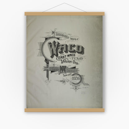 Old map wall art mockup — magnetic wood frame on white wall — Sanborn Fire Insurance Map from Waco, McLennan County, Texas (1926), Sheet #0001