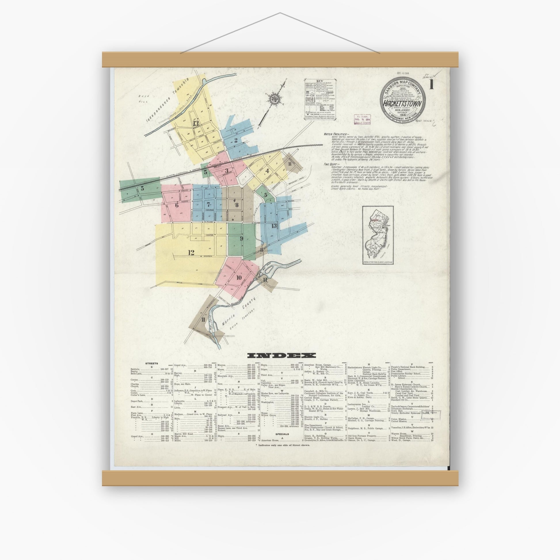 Old map wall art mockup — magnetic wood frame on white wall — Sanborn Fire Insurance Map from Hackettstown, Warren County, New Jersey (1914) - Complete Map Set