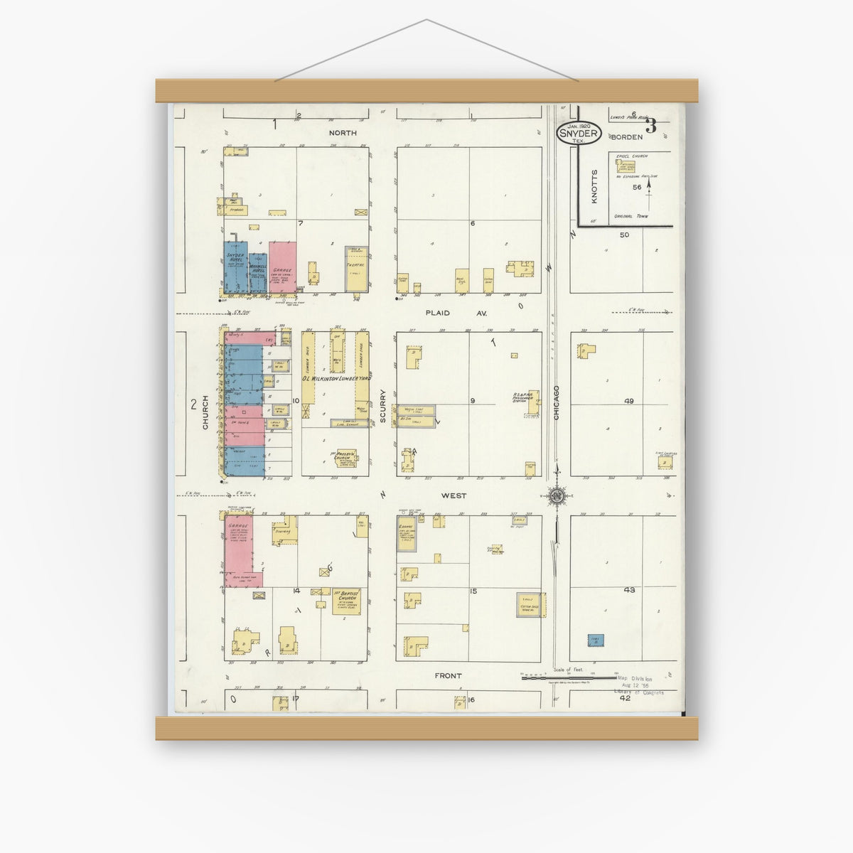 Old map wall art mockup — magnetic wood frame on white wall — Sanborn Fire Insurance Map from Snyder, Scurry County, Texas (1920), Sheet #0003