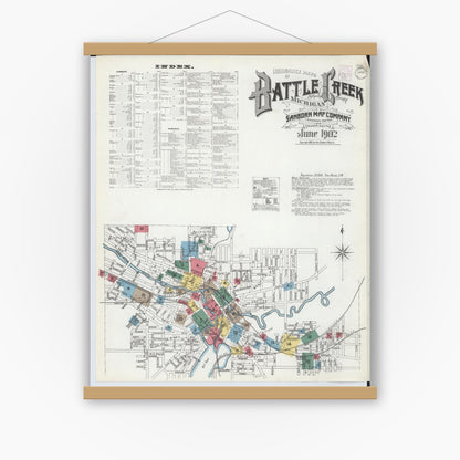 Old map wall art mockup — magnetic wood frame on white wall — Sanborn Fire Insurance Map from Battle Creek, Calhoun County, Michigan (1902) - Complete Map Set