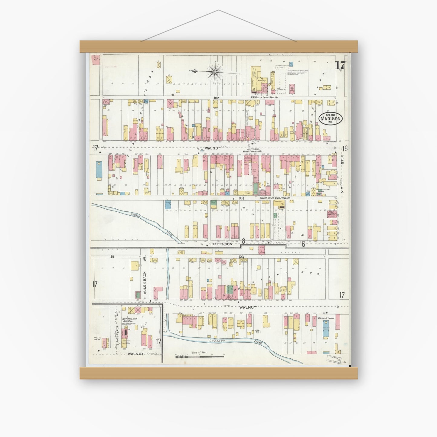 Old map wall art mockup — magnetic wood frame on white wall — Sanborn Fire Insurance Map from Madison, Jefferson County, Indiana (1904), Sheet #0017