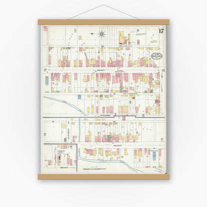 Old map wall art mockup — magnetic wood frame on white wall — Sanborn Fire Insurance Map from Madison, Jefferson County, Indiana (1904), Sheet #0017