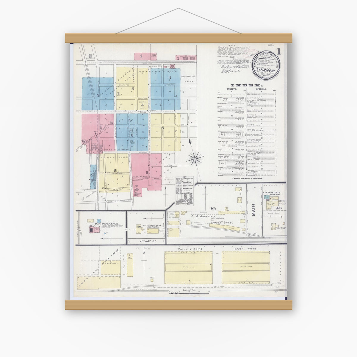 Old map wall art mockup — magnetic wood frame on white wall — Sanborn Fire Insurance Map from Sycamore, De Kalb County, Illinois (1891) - Complete Map Set