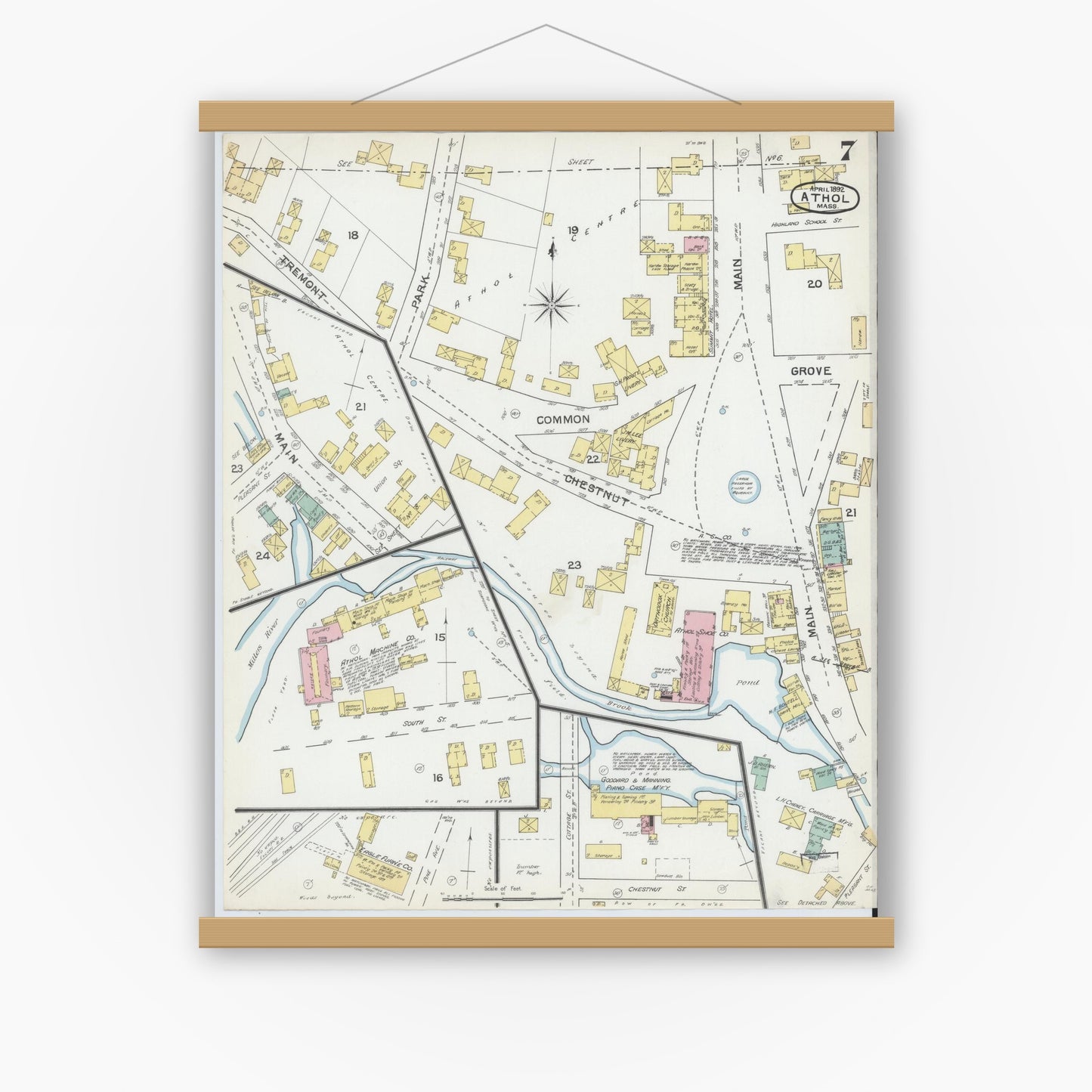 Old map wall art mockup — magnetic wood frame on white wall — Sanborn Fire Insurance Map from Athol, Worcester County, Massachusetts (1892), Sheet #0007
