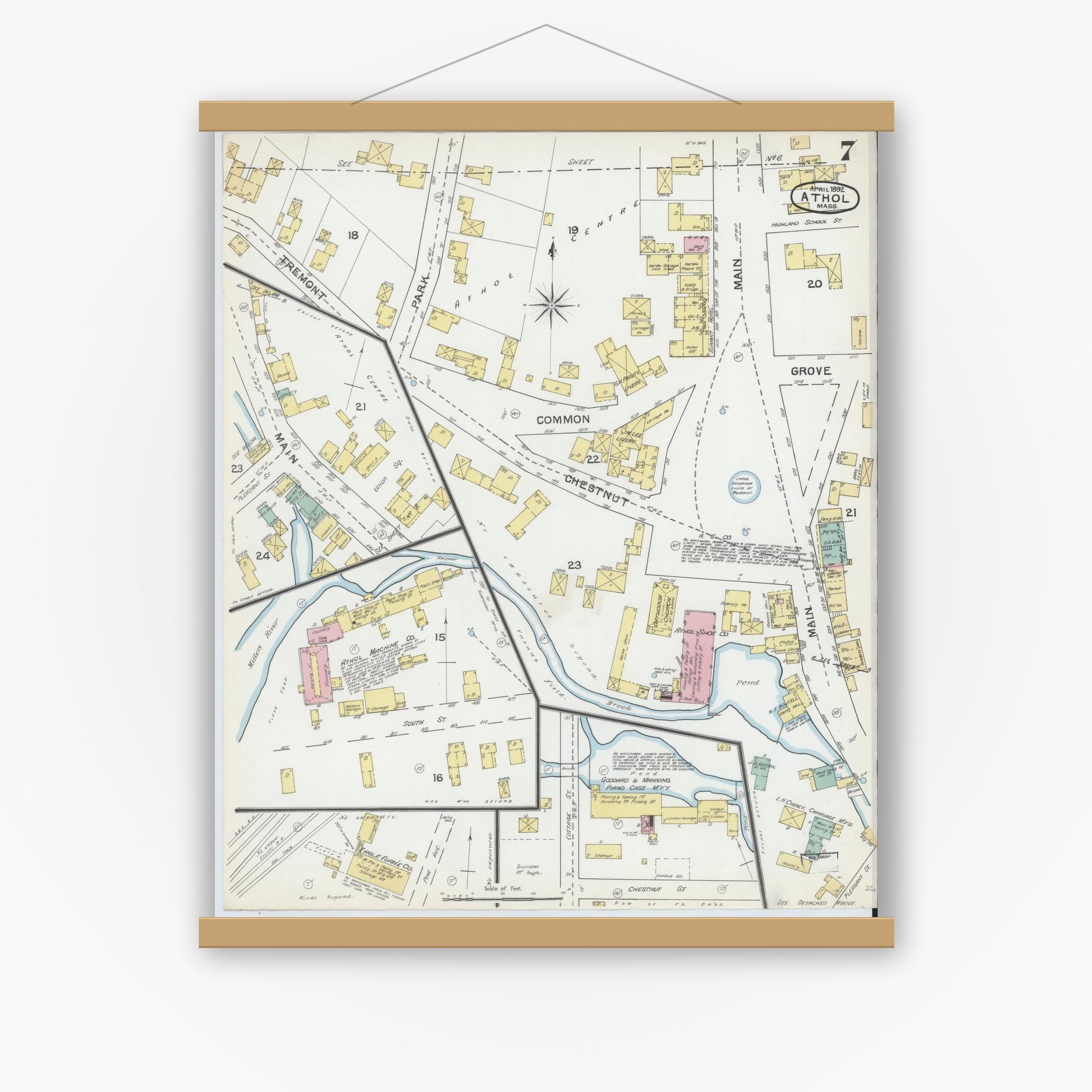 Old map wall art mockup — magnetic wood frame on white wall — Sanborn Fire Insurance Map from Athol, Worcester County, Massachusetts (1892), Sheet #0007