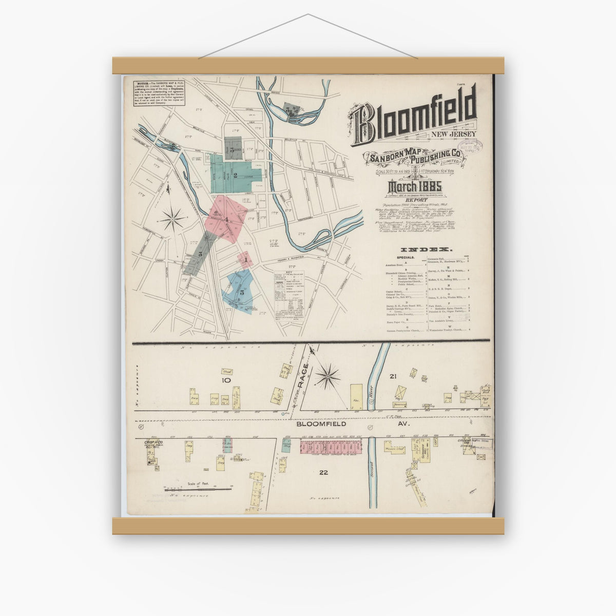 Old map wall art mockup — magnetic wood frame on white wall — Sanborn Fire Insurance Map from Bloomfield, Essex County, New Jersey (1885), Sheet #0001