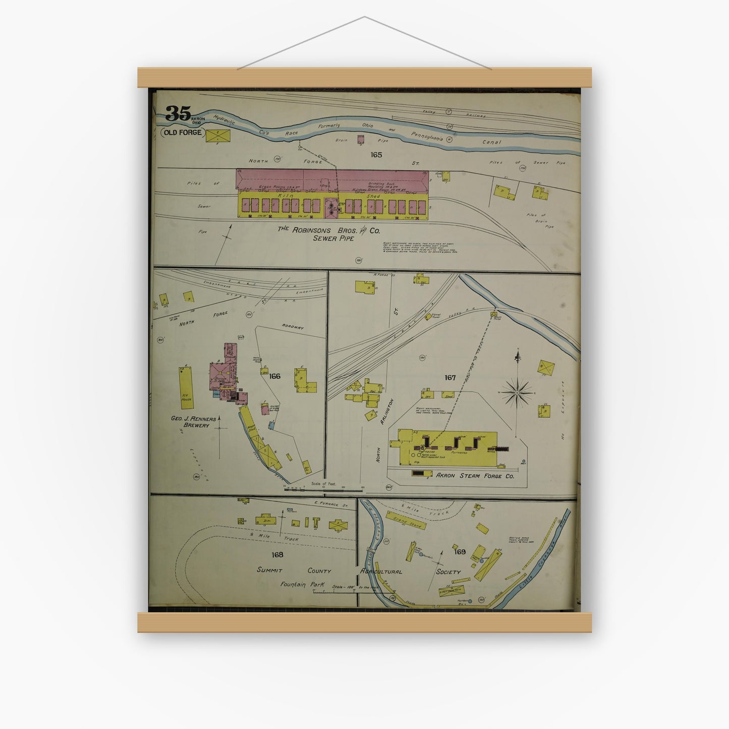 Old map wall art mockup — magnetic wood frame on white wall — Sanborn Fire Insurance Map from Akron, Summit County, Ohio (1892), Sheet #0035