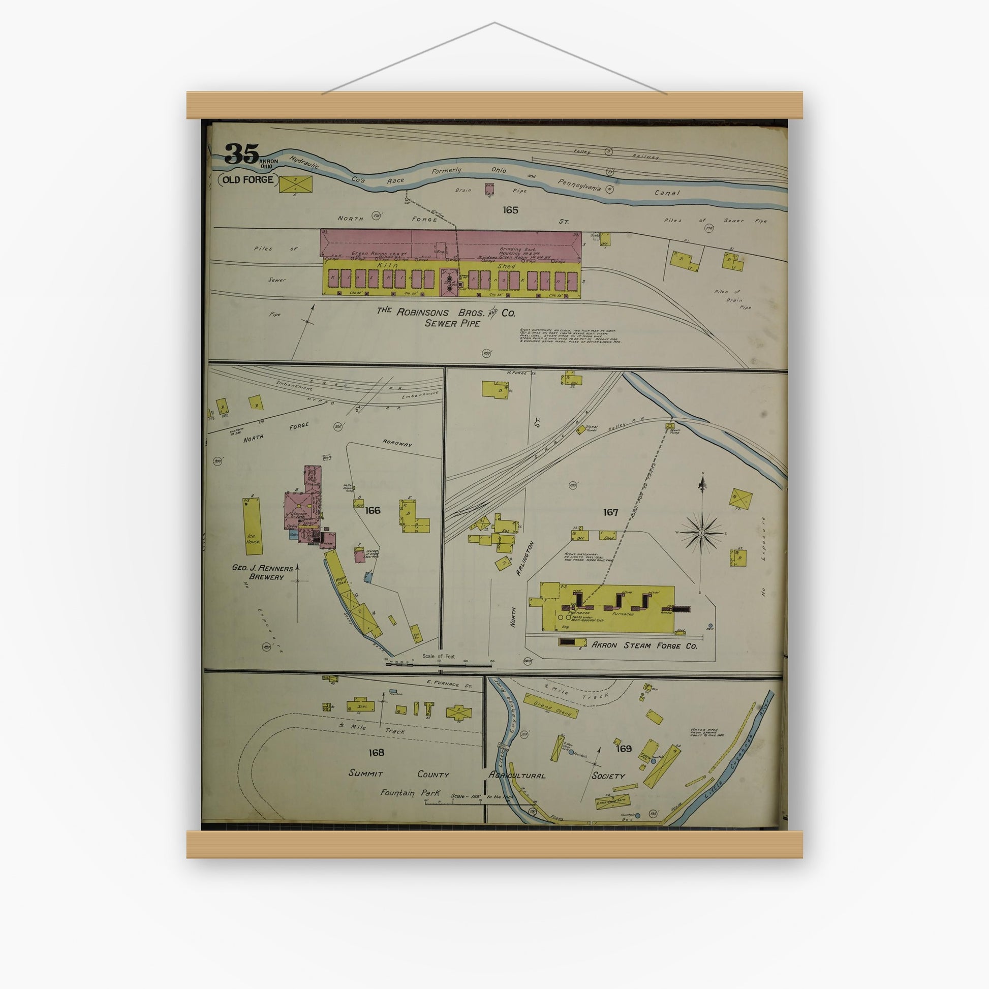 Old map wall art mockup — magnetic wood frame on white wall — Sanborn Fire Insurance Map from Akron, Summit County, Ohio (1892), Sheet #0035