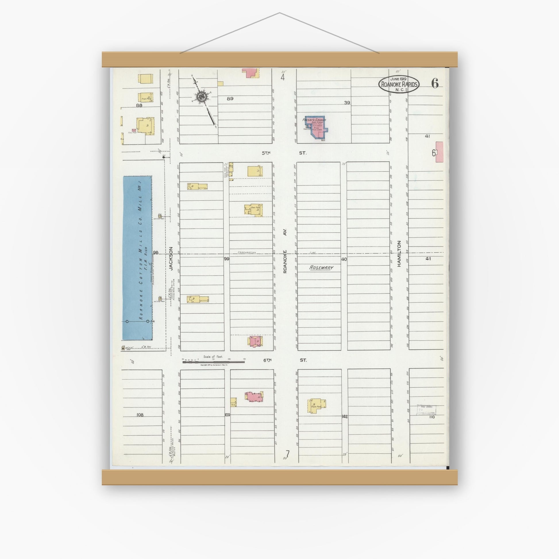 Old map wall art mockup — magnetic wood frame on white wall — Sanborn Fire Insurance Map from Roanoke Rapids, Halifax County, North Carolina (1919), Sheet #0006