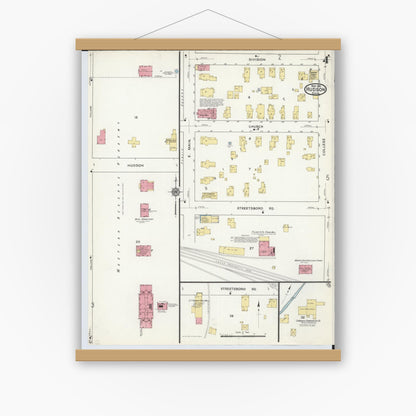 Old map wall art mockup — magnetic wood frame on white wall — Sanborn Fire Insurance Map from Hudson, Summit County, Ohio (1916), Sheet #0004