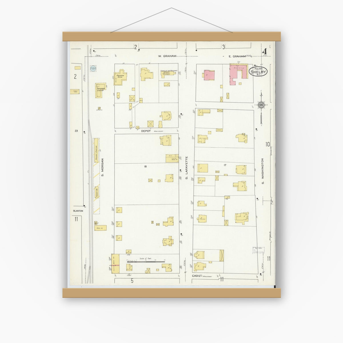 Old map wall art mockup — magnetic wood frame on white wall — Sanborn Fire Insurance Map from Shelby, Cleveland County, North Carolina (1916), Sheet #0004