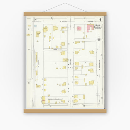 Old map wall art mockup — magnetic wood frame on white wall — Sanborn Fire Insurance Map from Shelby, Cleveland County, North Carolina (1916), Sheet #0004