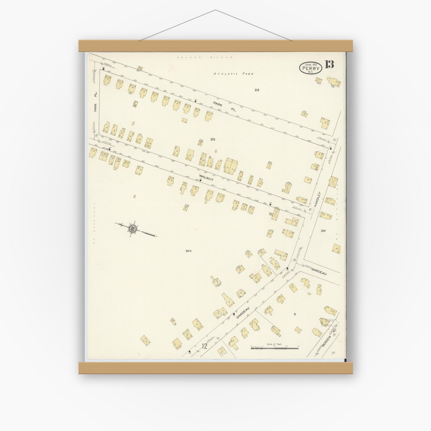 Old map wall art mockup — magnetic wood frame on white wall — Sanborn Fire Insurance Map from Perry, Wyoming County, New York (1913), Sheet #0013